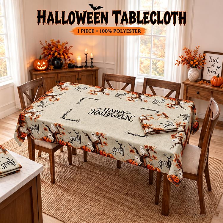 Halloween Tablecloth 152cm Width Rectangular, Spooky Ghost Pumpkin Branch Print for Halloween Dinner Party Decor