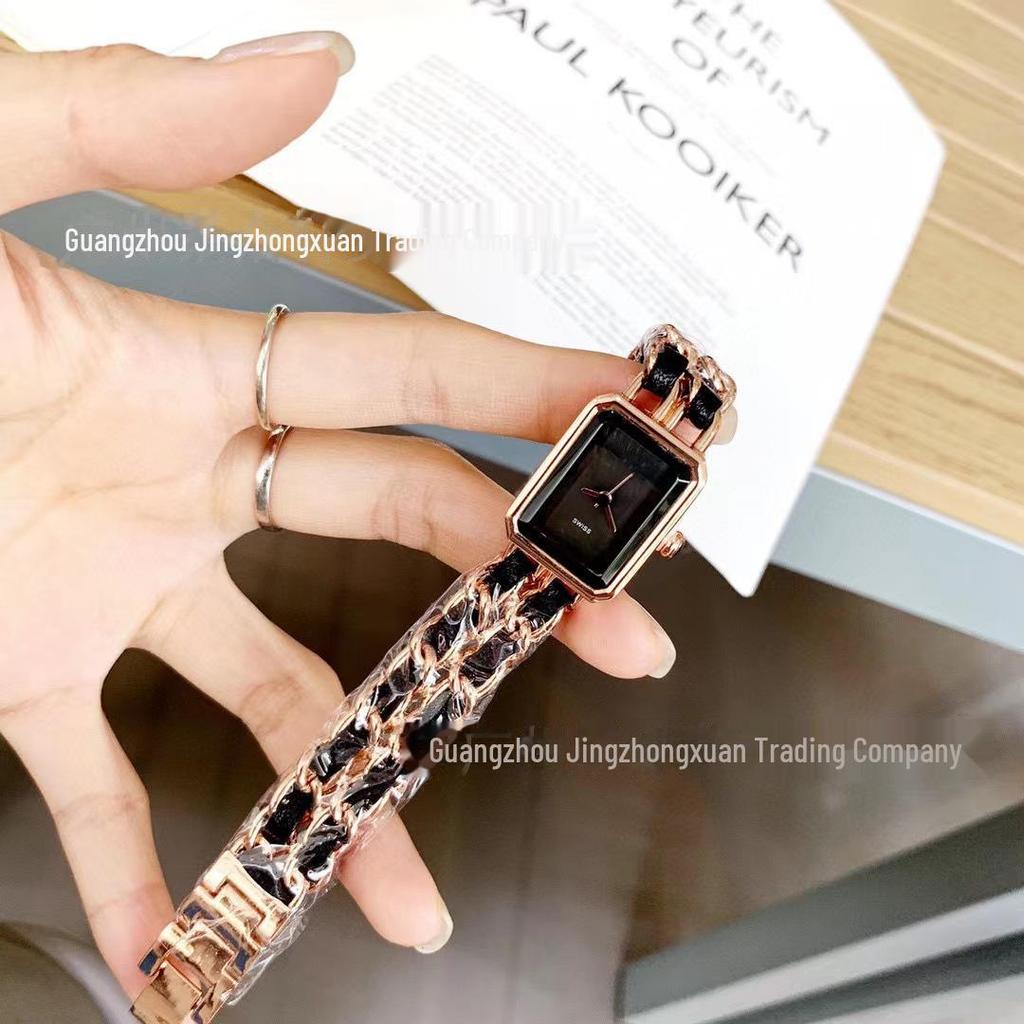 Женские кварцевые часы Xiaoxiang Retro с черным и золотым плетеным ремешком