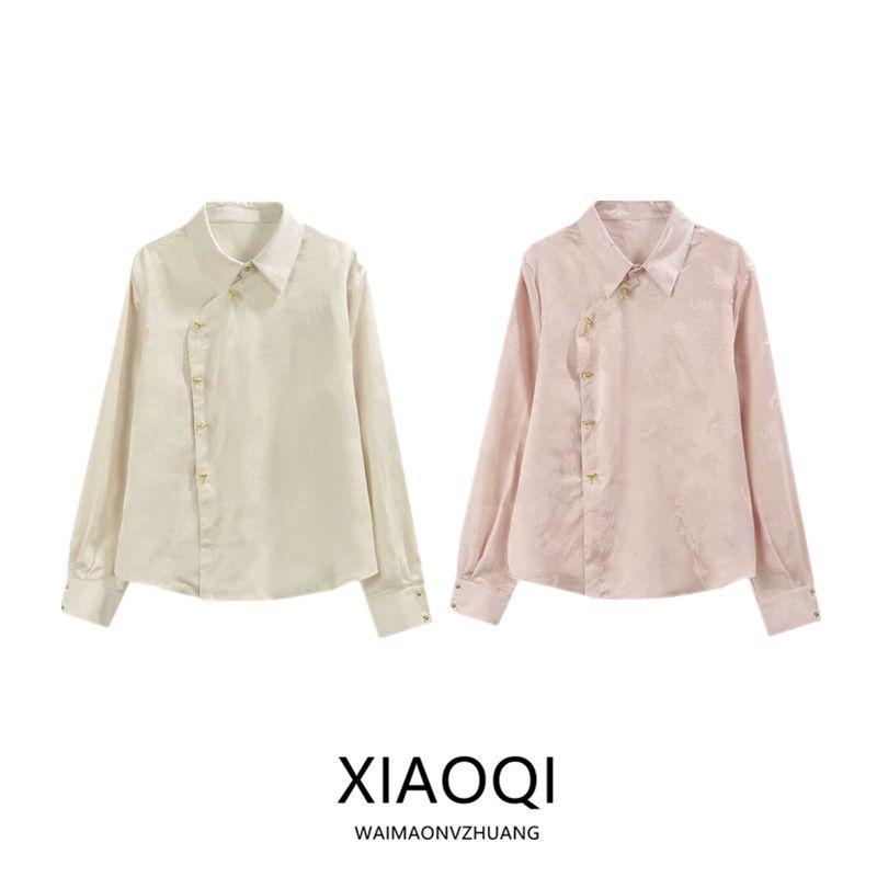 Fashion Style 2024 Spring New Arrival Women's Fashion All-Match National Style Stylish Long Sleeves Jacquard Slub Button Shirt
