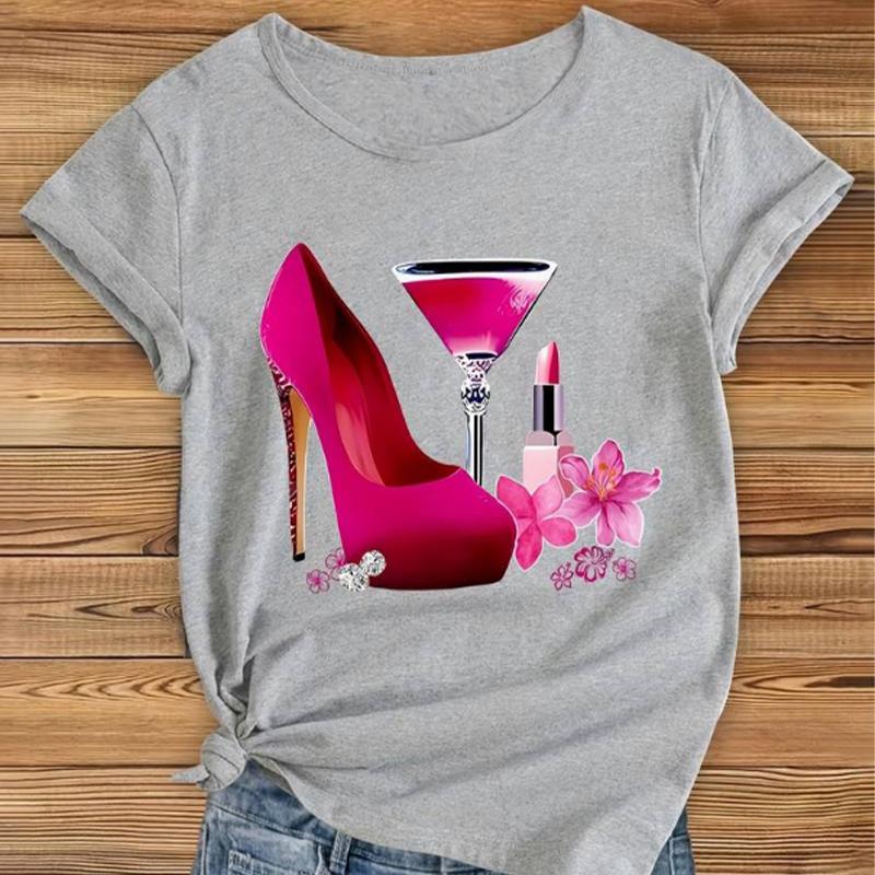 Fashion Women Lipstick High Heels Print T Shirt Funny Casual O-neck Short Sleeves T-shirt Summer Female Tee Shirt