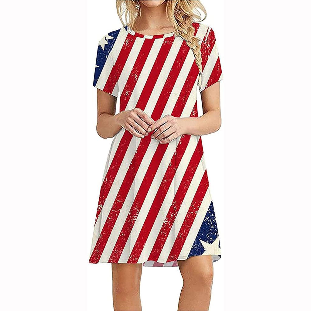 American Independence Day Flag 3D Digital Printing Dress Round Neck Short Sleeve A-Shaped Dress New Dress