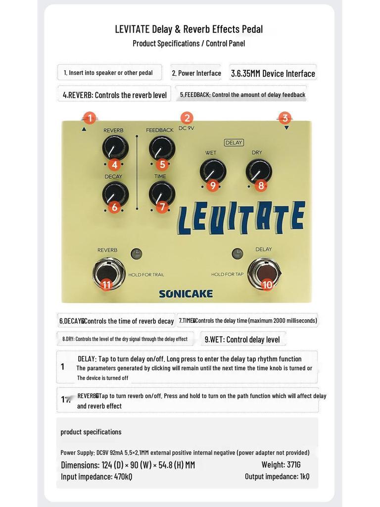 Педаль эффектов для электрогитары Sonicake QDS: Акустический предусилитель, Басовый дилей, Реверберация, Десятиполосный эквалайзер