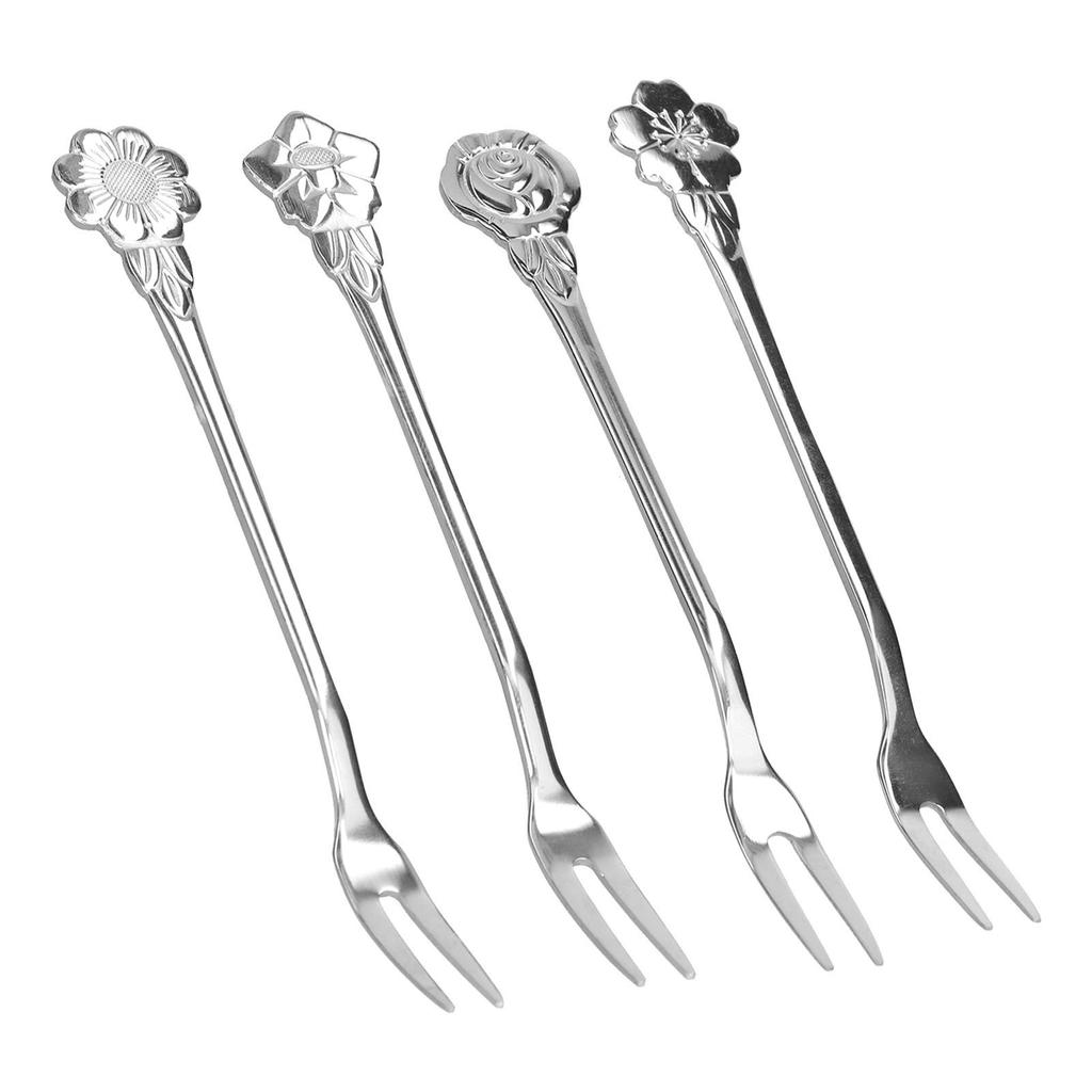 4pcs 2 Prong Fruit Fork Stainless Steel Mini Salad Fruit Dessert Tasting Forks for Home Kitchen PartySilver