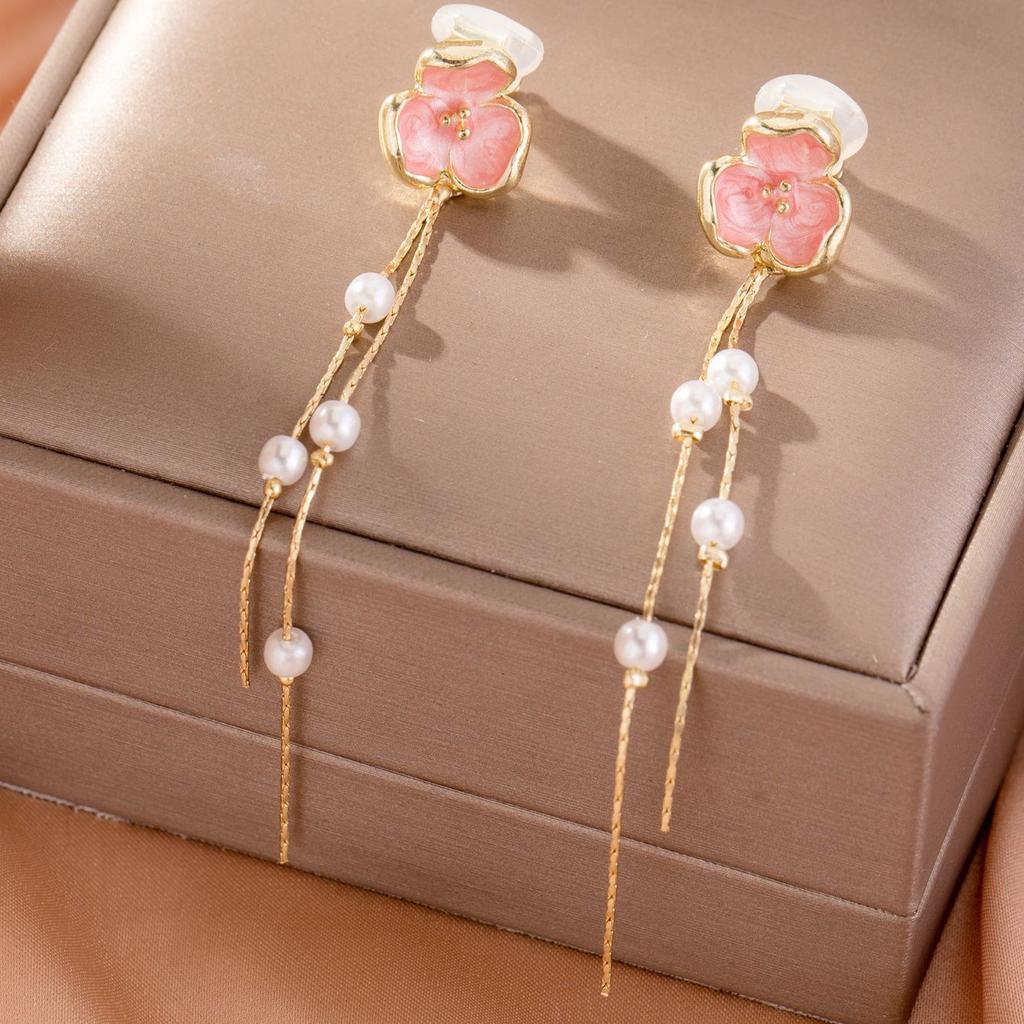 No Piercing Long Imitation Pearl Tassel Earrings Flower Earrings Earrings Round Face