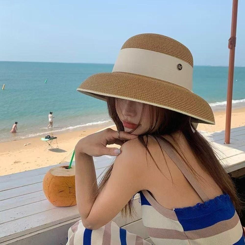 Silk Strap Wide Brim Hat Sun Protection Summer Sun Cap Elegant Beach Bucket Hat Women