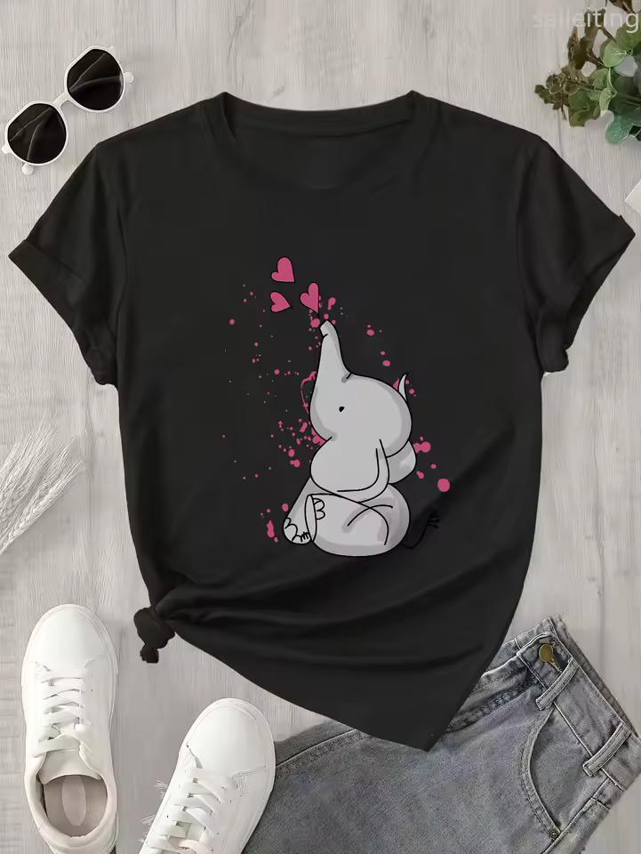 Cute Cartoon Elephant Pink Hearts Graphic Print Women's T-shirt Harajuku Short Sleeve Casual Top Tee Women's Clothing Street