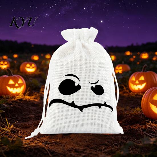 Cute Holiday Gift Sacks 2 Pcs Halloween Burlap Bags with Drawstring, Trick or Treat Ghost Face Pumpkin Prints Candy Pouch, Reusable Goodies
