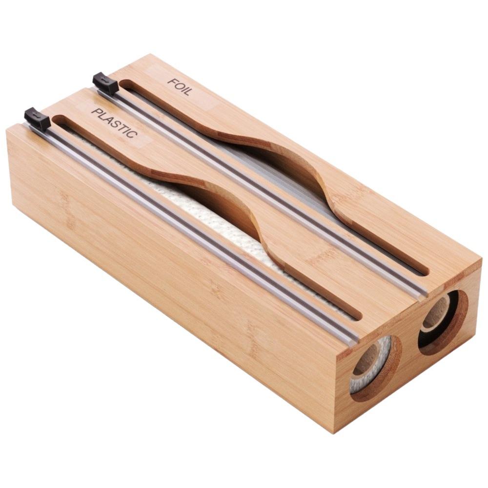 Bamboo Cling Film Cutter Box Wall Mounted Refillable Plastic Wrap Cutter Box 2 /3 Grids Minimalist Tin Foil Cutter Restaurants