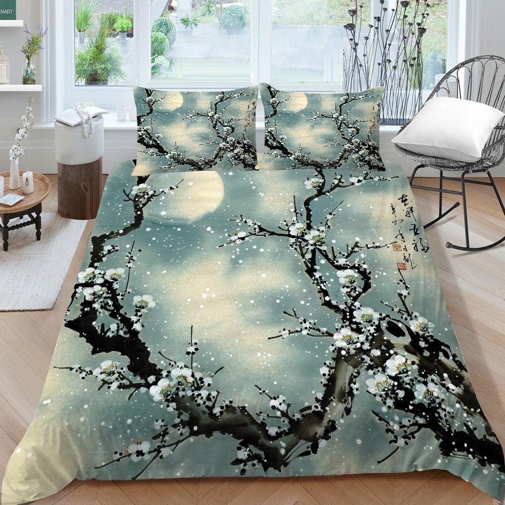 3D Family Bedding Single Double Bed Full Size Bedding Plum Blossom Pattern Pillowcase and Quilt Cover Noble and Washable Family Decoration