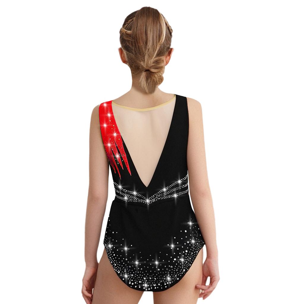 Купальник для художественной гимнастики для девочек без рукавов с блестящими стразами контрастного цвета для соревнований