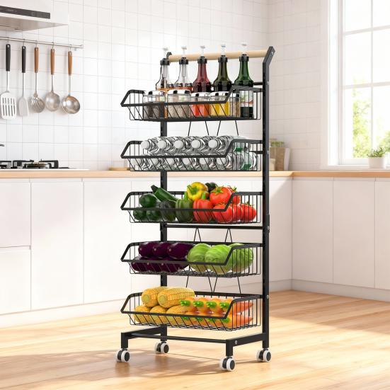 Fruit Vegetable Basket, 5-Tier Adjustable Rolling Pantry Kitchen Cart on Wheels, Metal Wire Storage Basket Cart for Fruit, Potato, Onion, Vegetable,
