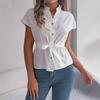 Women's Shirt Short-sleeved Chiffon V-neck Button Down Shirt Temperament and Elegant Belt Models Tops