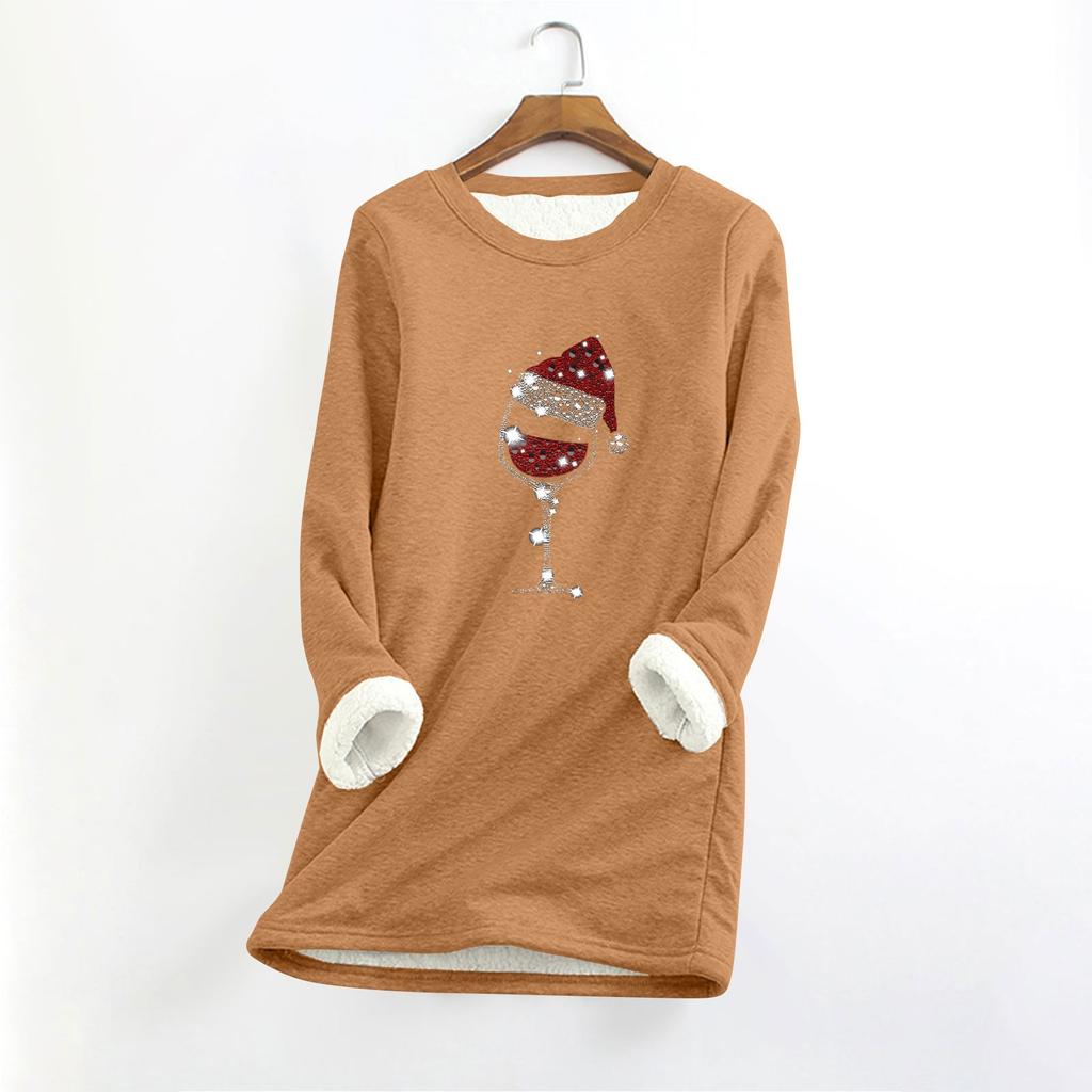 Женский круглый вырез с длинным рукавом и рождественским принтом, утолщенный плюшевый кашемировый теплый длинный топ