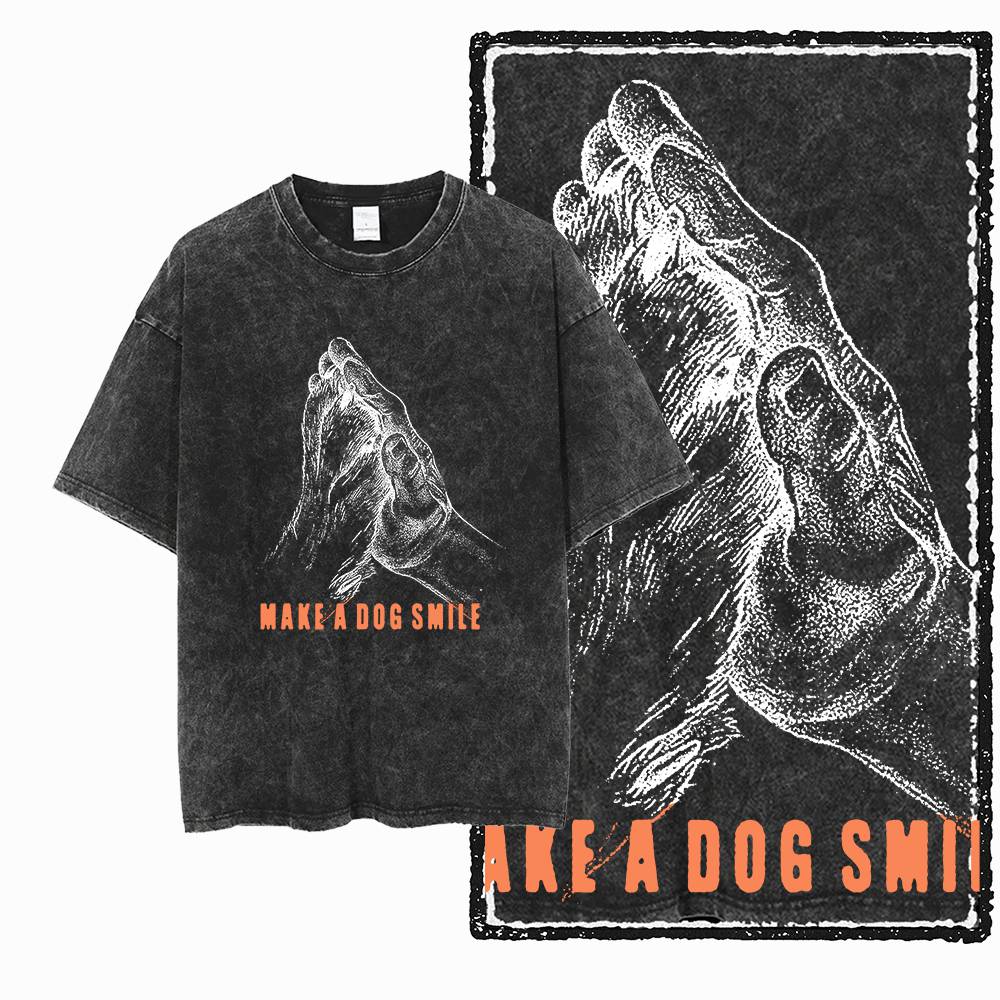 Big Size Dog Graphic Unique Washed Distressed Cotton Unisexs Retro Streetwear TShirt G