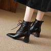 Fashion Autumn/Winter Women Boots Square Toe High Heel Shoes for Women Black Leather Boots Women Lace Up Handemade Shoes Botas De Mujer