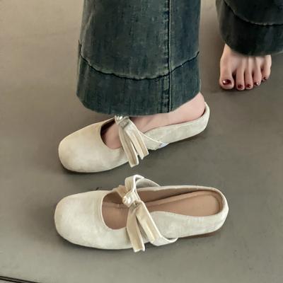 Внутренняя часть, увеличивающая объем, полутапочки, женская летняя верхняя одежда 2025 года, новые ретро-замшевые банты с жемчугом, классные тапочки Muller