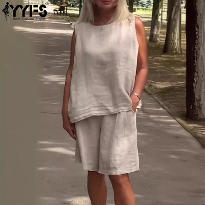 Женские модные повседневные летние весенние однотонные принтованные брюки без рукавов с круглым вырезом костюмы