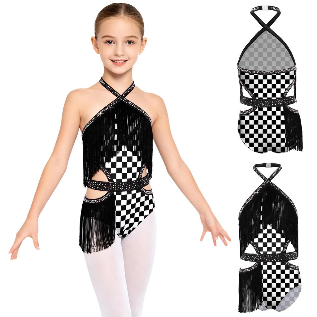 Kids Rhinestone Tassel Latin Dance Competition Bodysuit Halter Sleeveless Crisscross Back Side Cutout Jumpsuit for Stage Show