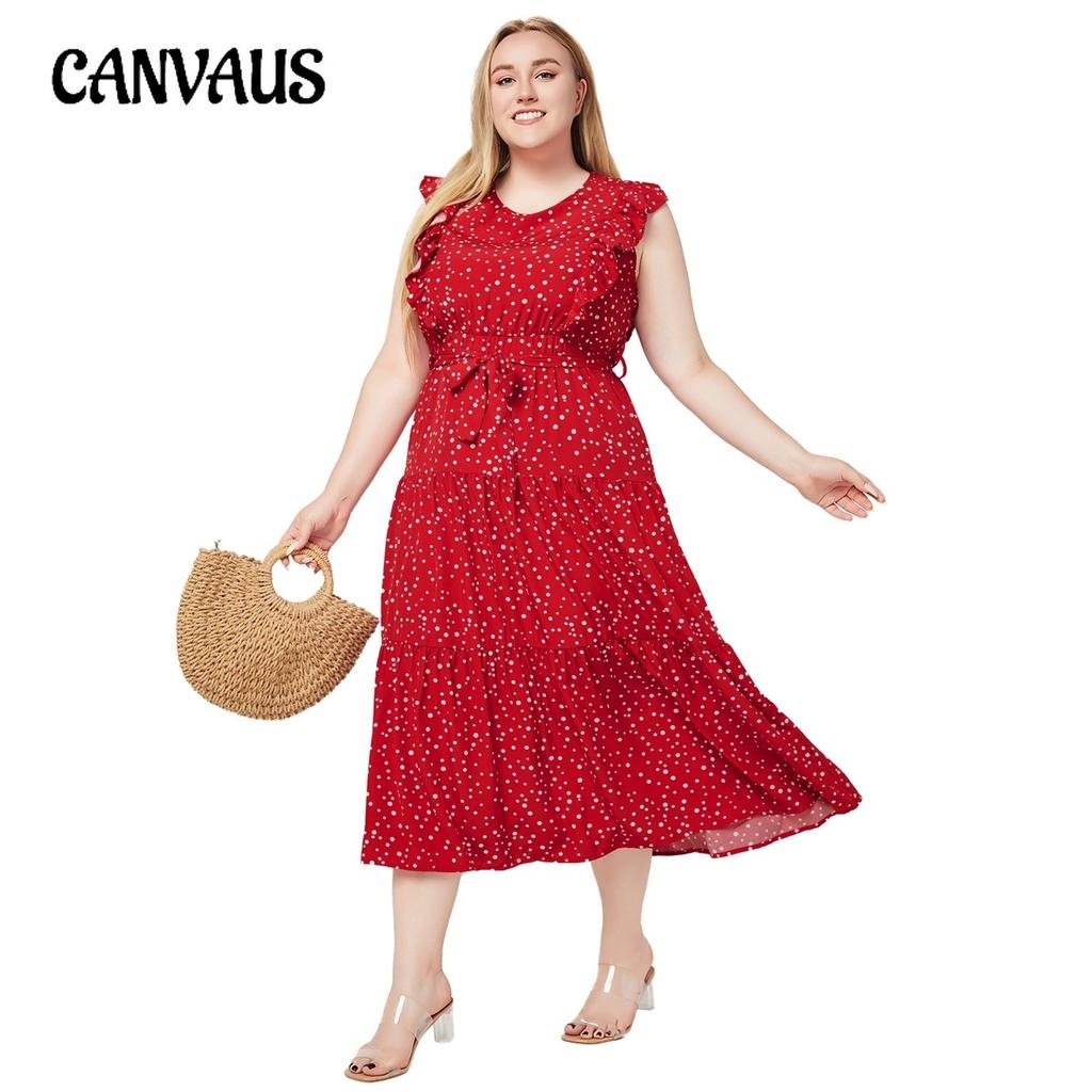 Женское платье Летние большие размеры с круглым вырезом и рюшами без рукавов в горошек Темпераментные платья
