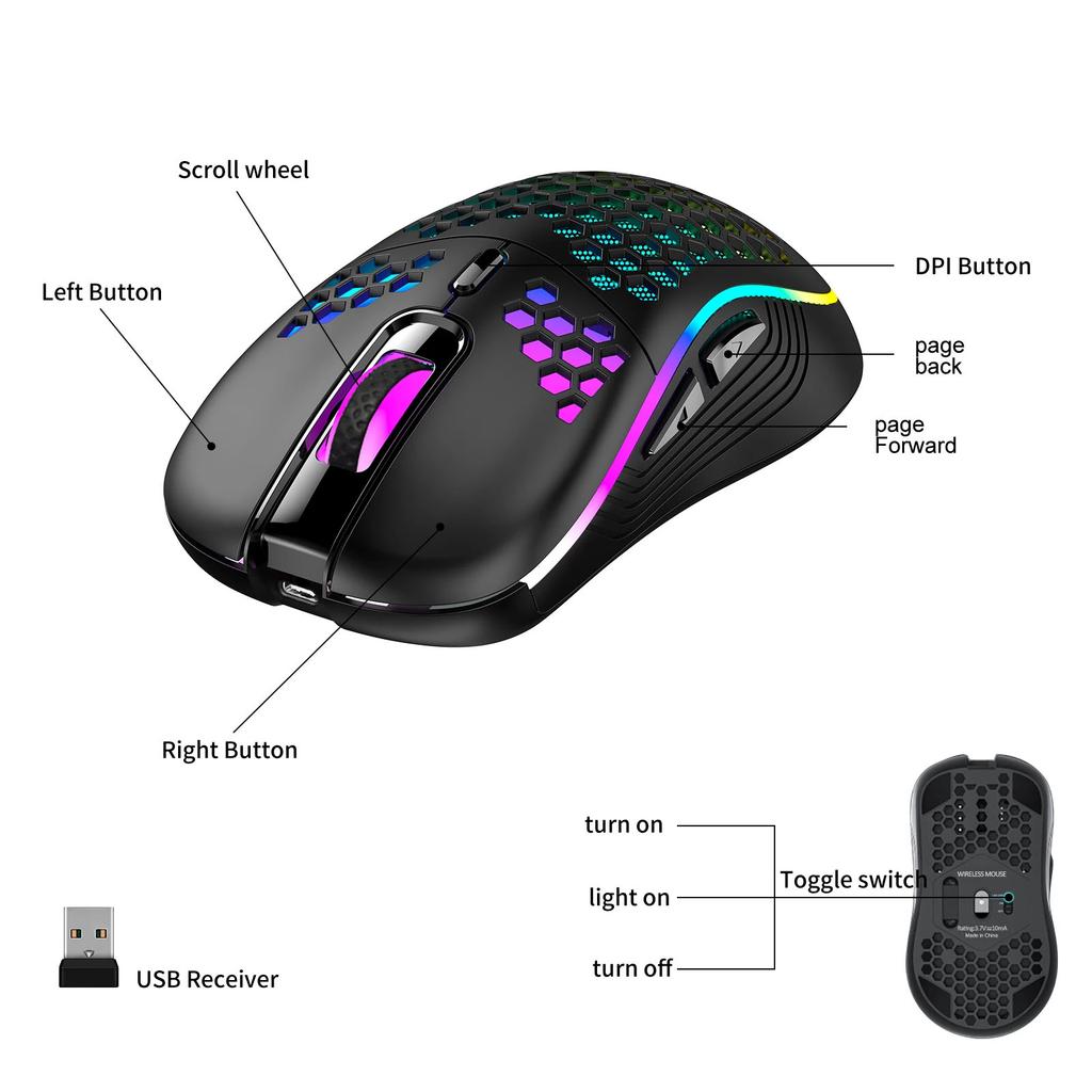 Беспроводная игровая мышь Honeycomb 2.4G USB Беспроводная мышь RGB Перезаряжаемая Игровые мыши для ПК Со светодиодной подсветкой