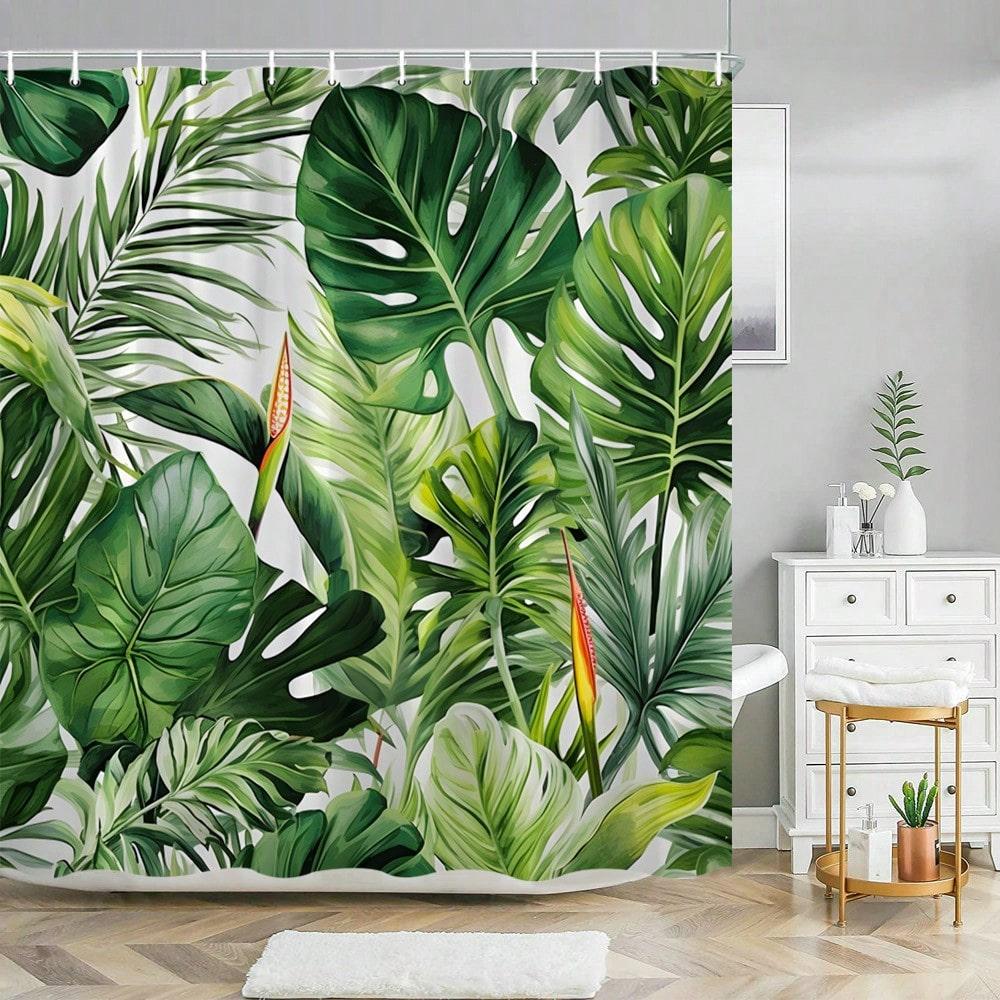 1pc Green Leaf Shower Curtain Tropical Plant Palm Leaf Green Leaf Flower Modern Minimalist Style Pattern Polyester Fabric