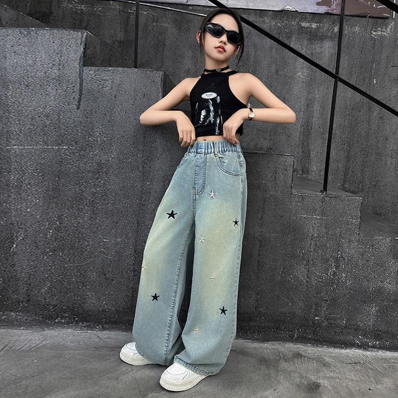 Весенне-осенние джинсы для девочек с вышивкой в виде пятиконечной звезды, свободные брюки для девочек-подростков 3-12 лет, стильные джинсовые брюки с широкими штанинами