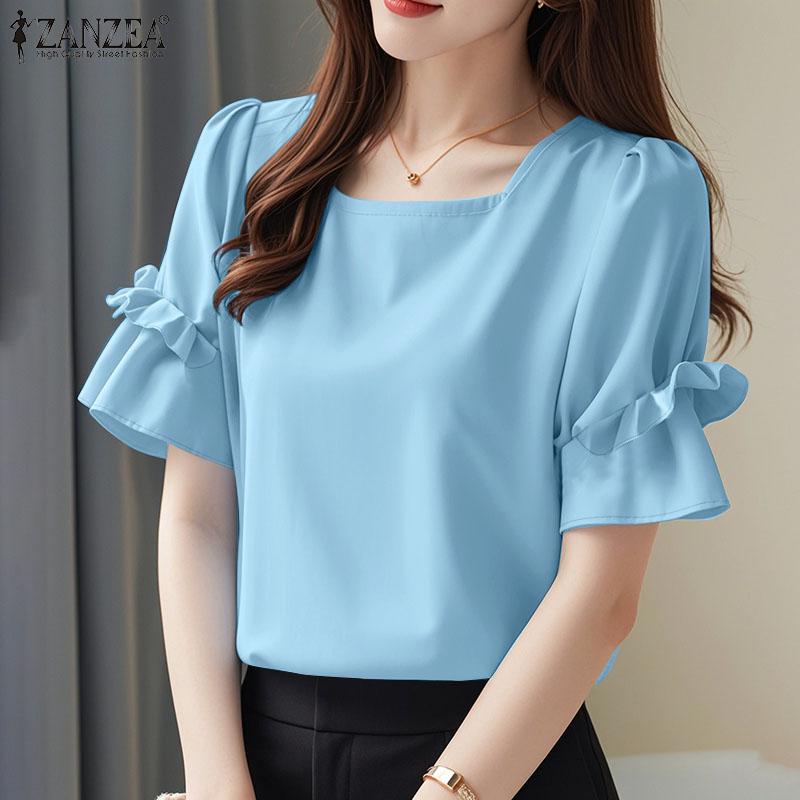 ZANZEA Women Casual Square Collar Loose Summer Short Sleeve Plain Blouse