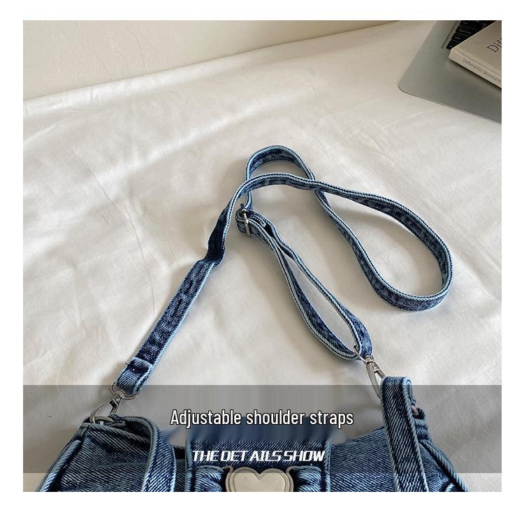 Cross-border Denim Heart One-Shoulder Bag - 2026 New Korean Rivet Trendy Cool Crossbody Bag for Travel and Commute