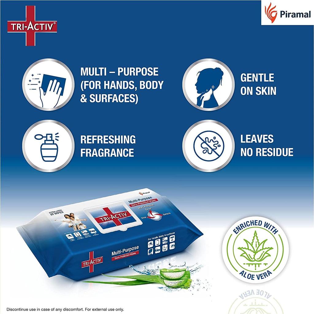 Tri-Activ Multi-Purpose Germ Protection Wipes Pack of 4 | 33% Extra Large Disinfectant Wet Wipes for Cleaning