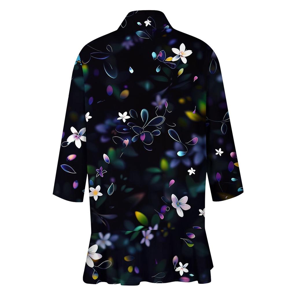 Women'S Casual Daily Cropped Sleeve Printed Shirt Top Soft Drape Ruffle Cardigan