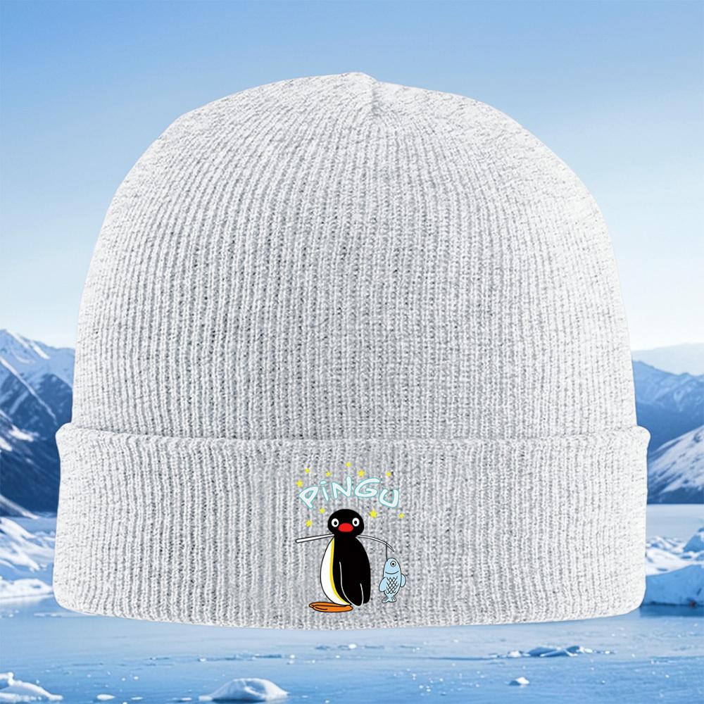 Pingu holding fish black background stars Men Women Unisex Knitted Hat Beanie Pullover Cap Winter Thermal Warm Christmas Outdoor