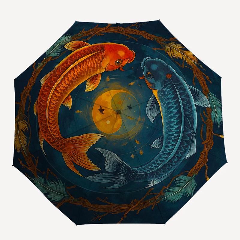 Yin Yang Koi Fish Circular  DecorUmbrella, Portable 3-Fold Compact Umbrella,Christmas Gift ES365