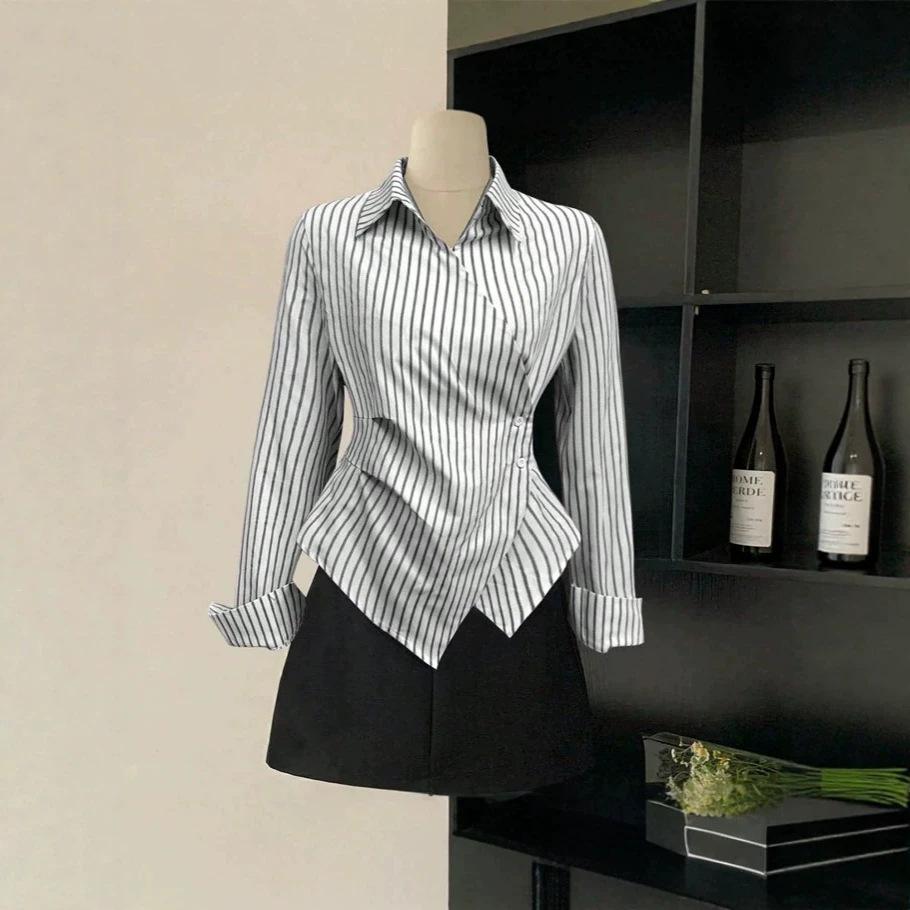 Women S Striped Long Sleeve Polo Neck Fitted Shirt With Irregular Waist Design