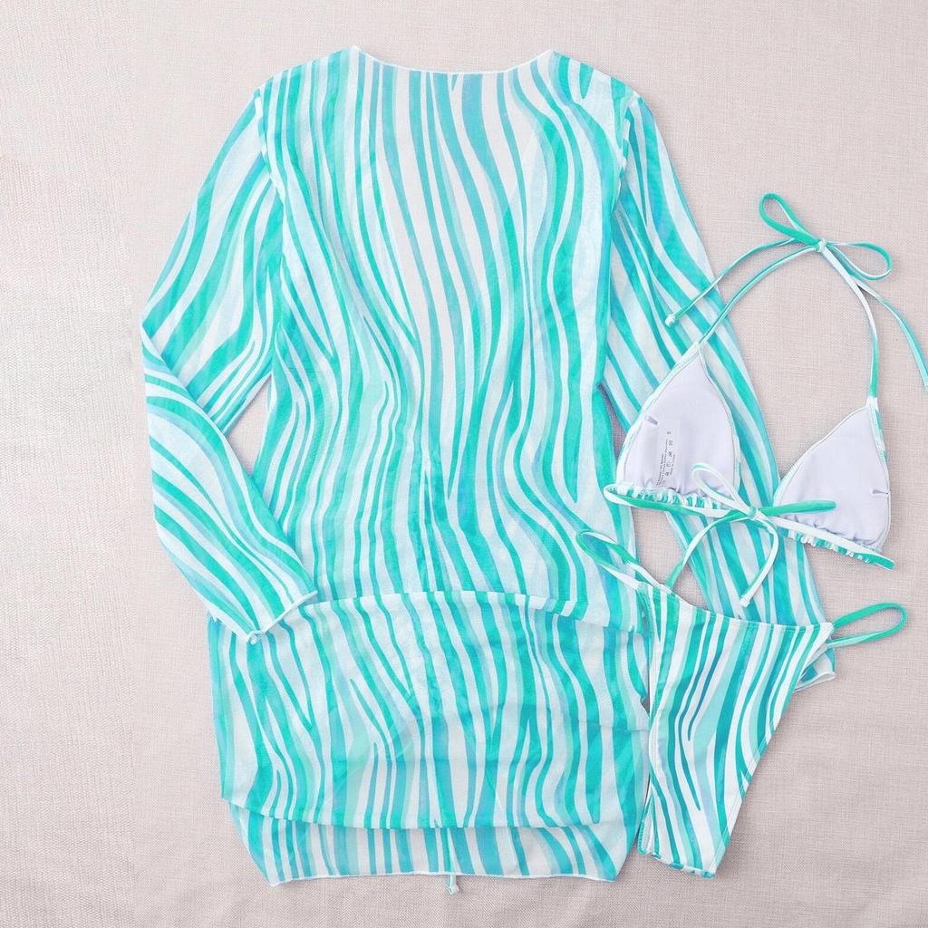 Купальник женский, разделенный комплект из трех предметов, трехточечный свитер с длинными рукавами, полосатые комплекты бикини на шнурке