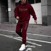 Men's Casual Solid Color Letter-printed Sweatshirt Set, Men's Fleece Hooded Drawstring Sweatshirt And Sweatpants Two-piece Set