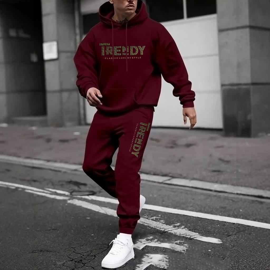 Men's Casual Solid Color Letter-printed Sweatshirt Set, Men's Fleece Hooded Drawstring Sweatshirt And Sweatpants Two-piece Set
