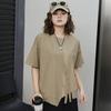 2025 Summer T-shirt Women Printing Buttons Asymmetrical Short Sleeve Loose
