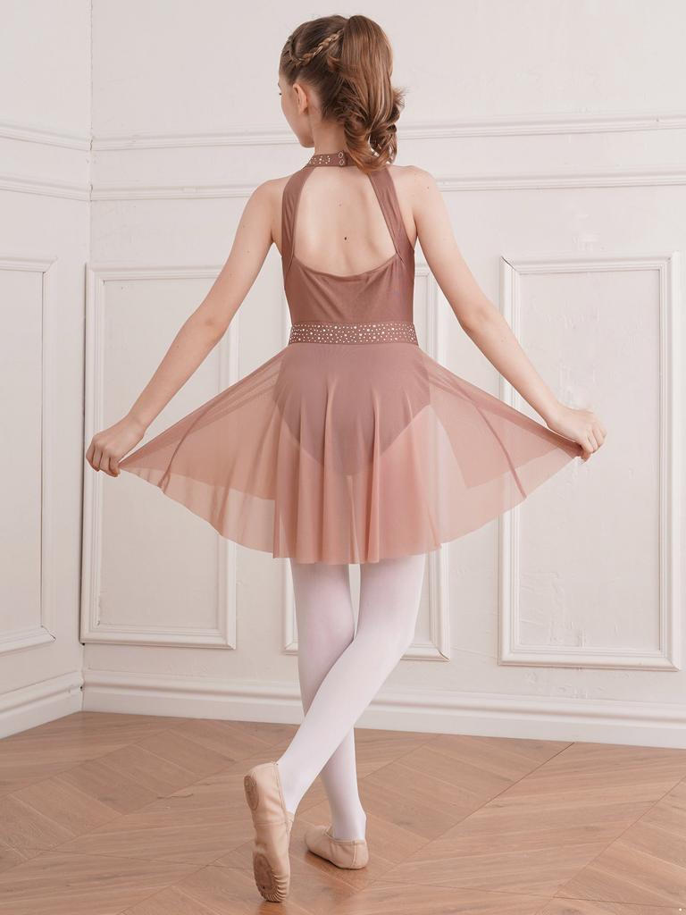 Детский сетчатый танцевальный купальник с открытой спиной для катания на коньках, балета, танца, гимнастики, сценического танцевального костюма для соревнований