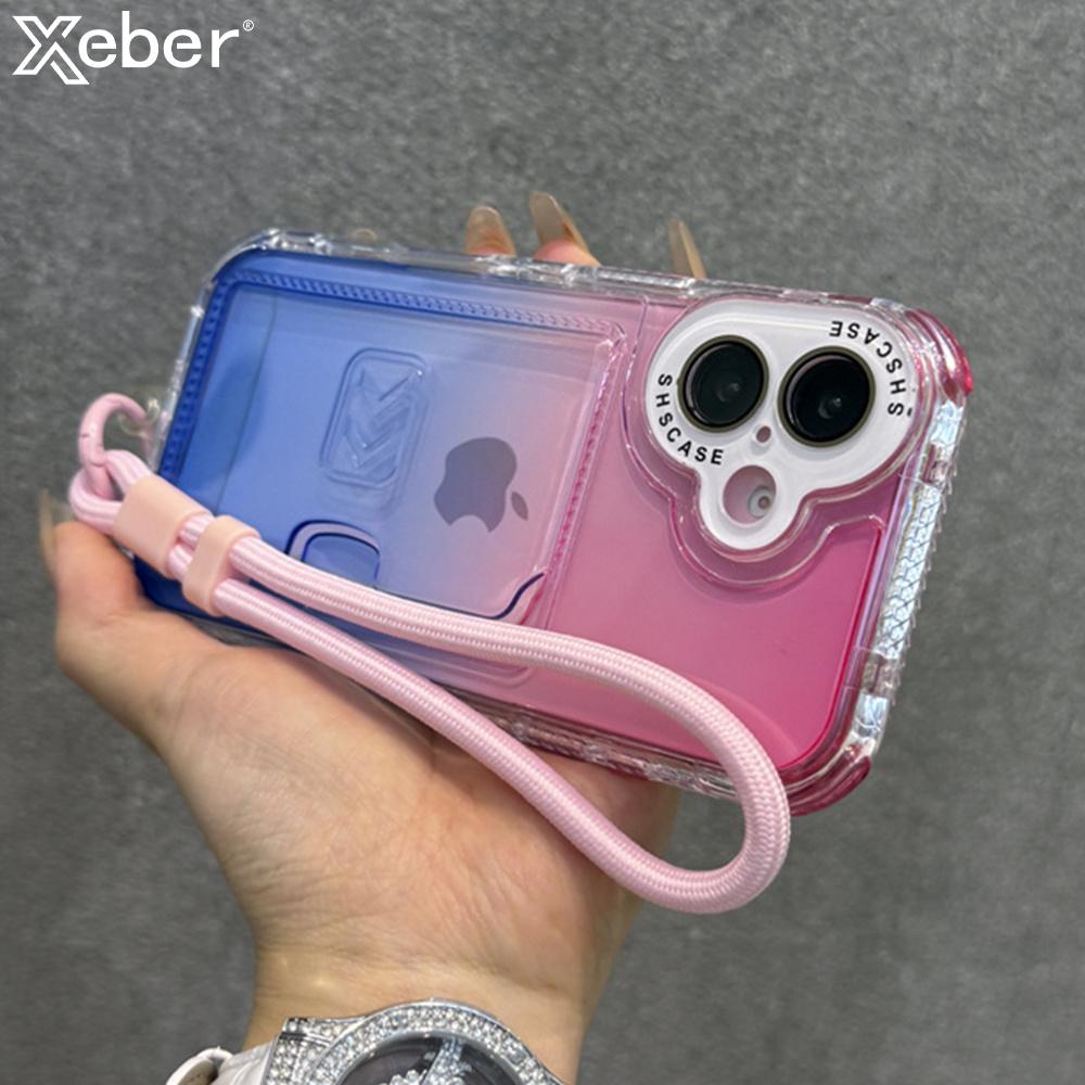 Gradient Slot Card Holder Wrist Strap Lanyard Phone Case For iPhone 15 16 Pro Max Plus 13 12 Air Cushion Bumper Protective Cover