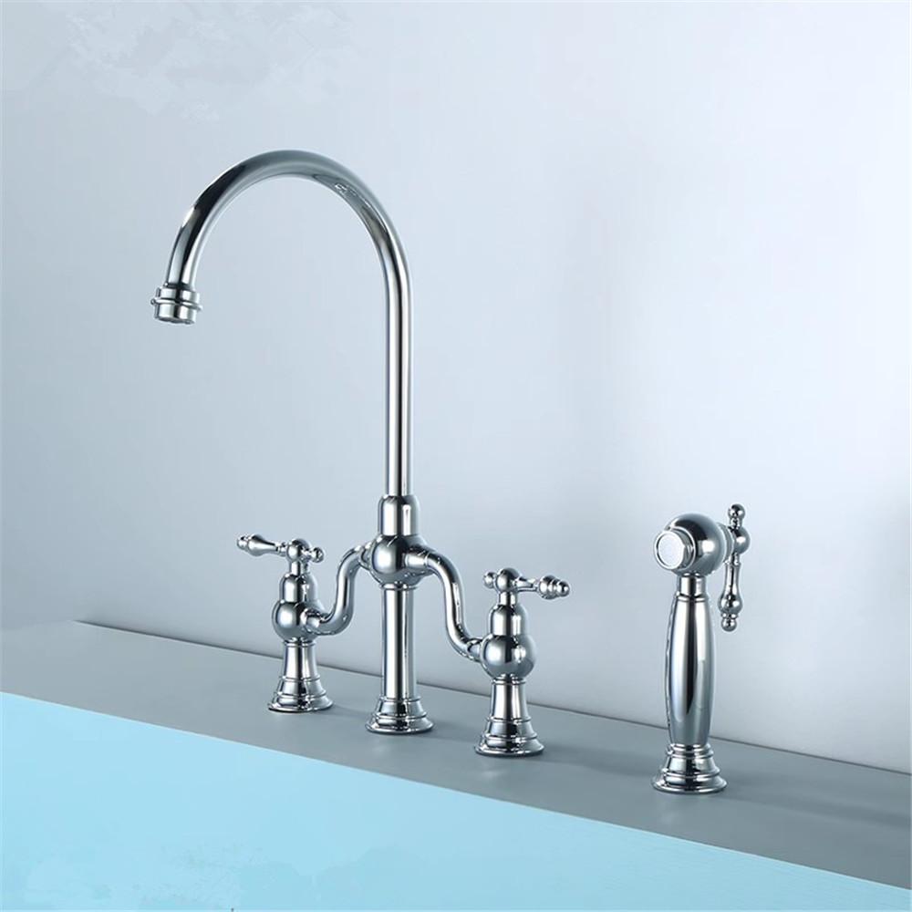 Tuqiu Brushed Gold Kitchen Faucet with Hand shower Head Black Pot Filler Tap Deck Mounted Hot Cold  Black Sink Tap Spout  Brass