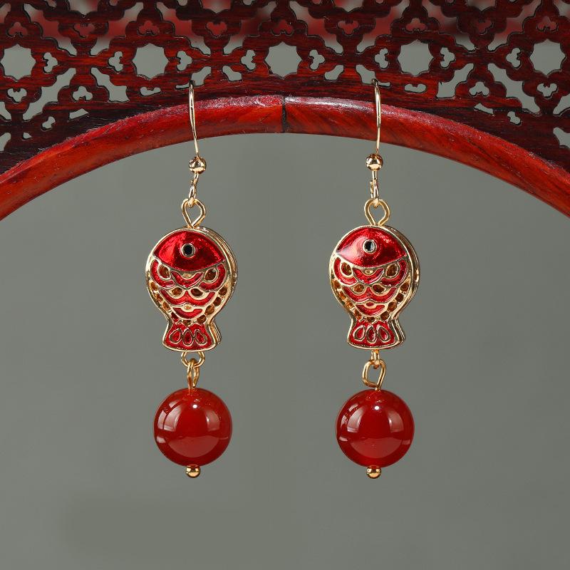 Винтажные серьги в китайском стиле с красными карпами кои, нишевый дизайн, женственность, этнический стиль, нефритовые серьги, серьги, тренд