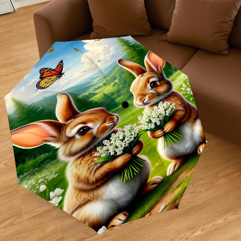 1PC Bunnies Flowers Umbrella-8-Rib Reinforced, Automatic Open, Lightweight & Durable, Fashion Accessory for Outdoor, J0329