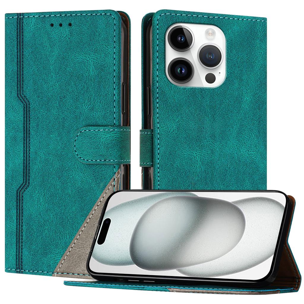 For iPhone 15 Pro Leather Case Triangle Patchwork Wallet Stand Shockproof Phone Cover