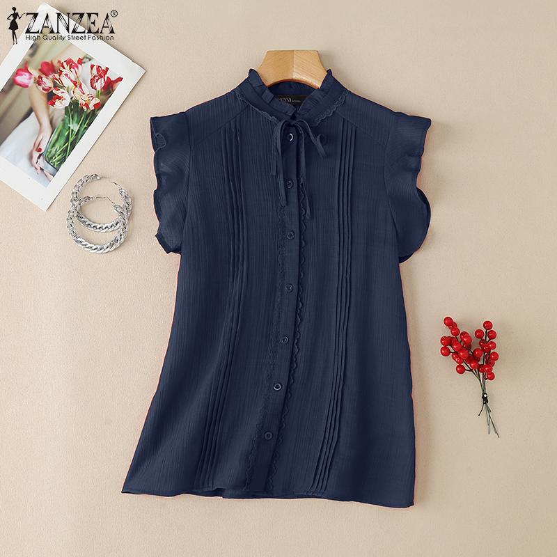 ZANZEA Летние женские топы без рукавов с оборками, кружевной отделкой и рюшами, повседневные майки