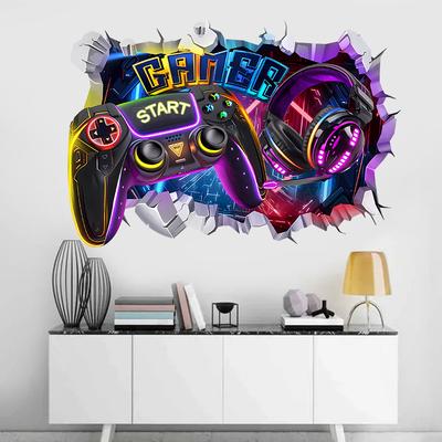 3D Арт-наклейки на стену с эффектом пролома, Игровая наклейка с геймпадом, Виниловые настенные наклейки для дома, комнаты, спальни, игровой зоны