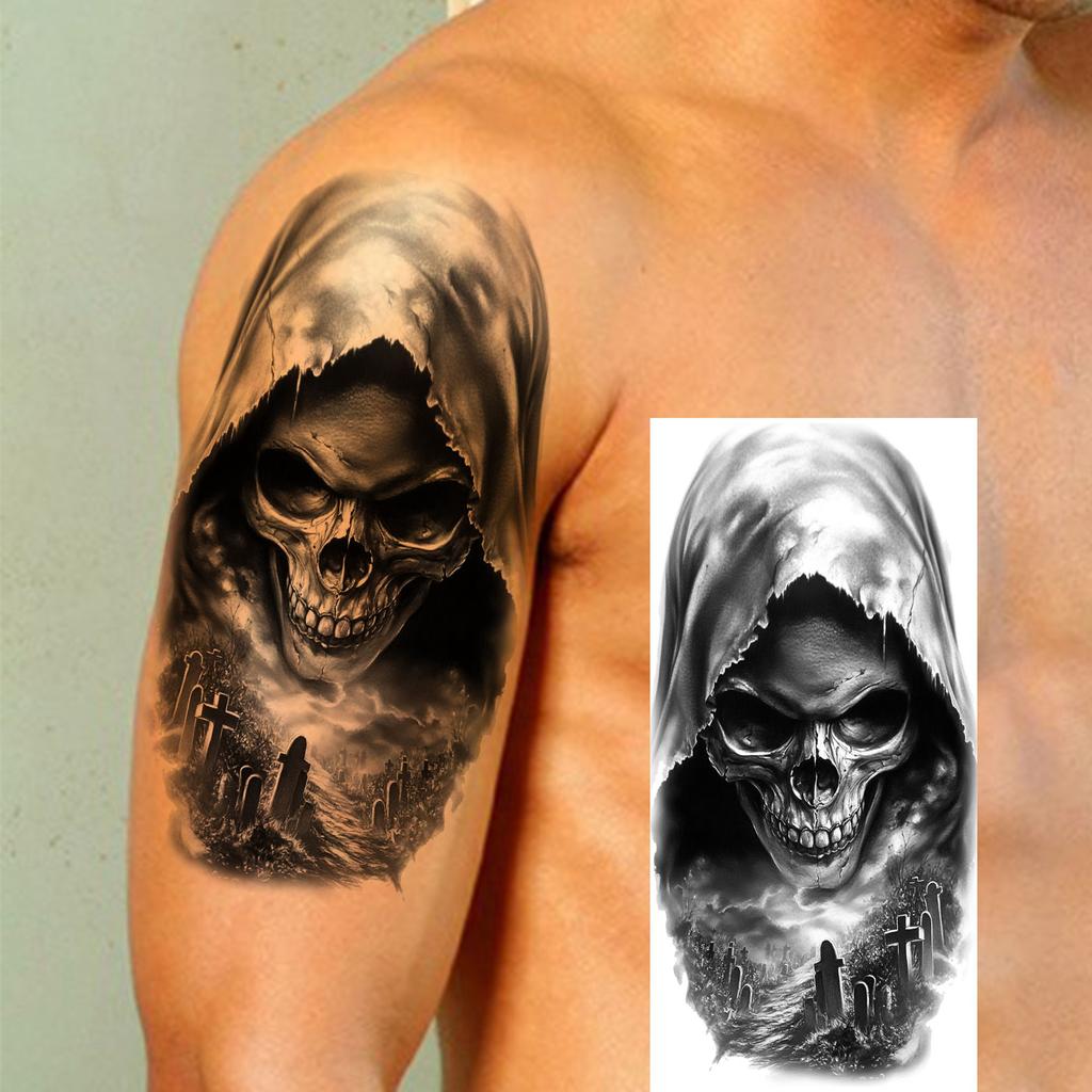 1 Sheet Scary Grim Reaper Skull Temporary Tattoos Halloween Tatoos Long Lasting Waterproof Tiger Wolf Beast Fake Tattoo Stickers