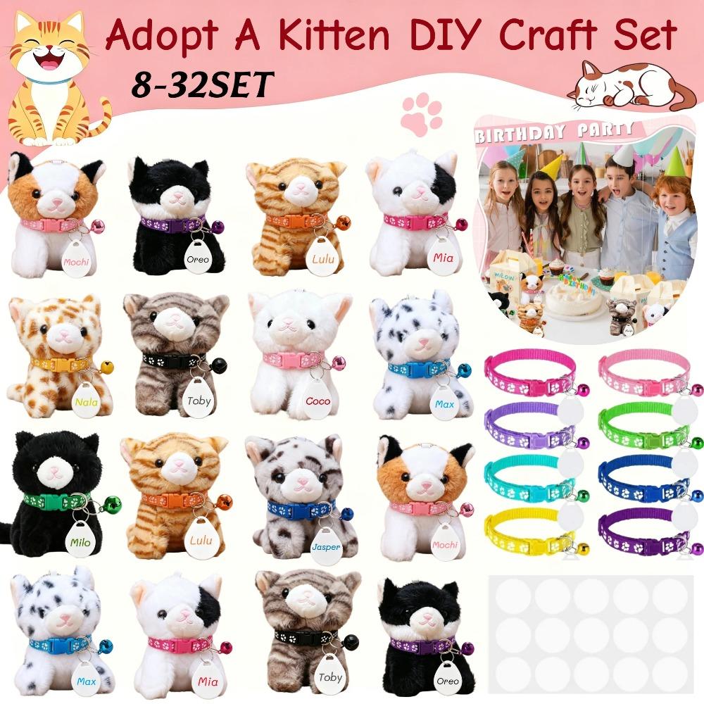 8-32Sets Adopt a Cat Party Favors Kitten Stuffed Animals Bulk DIY Adjustable Collars and ID Card for Birthday Party