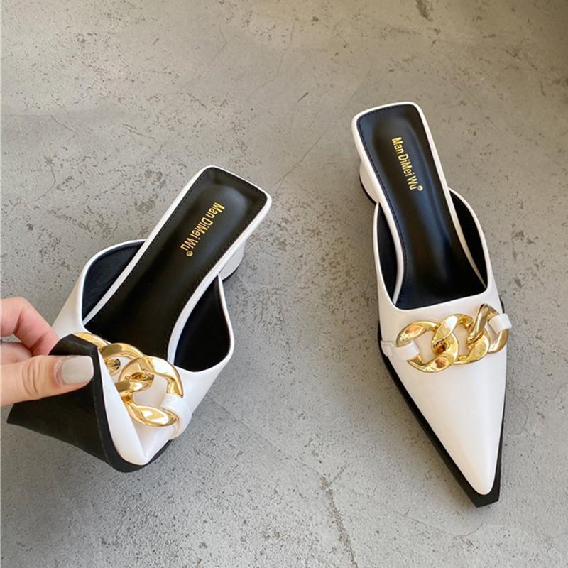 Summer Luxury Women Black High Heels Slippers Close Toe Block Heels Mules Designer Slip On Loafers Slides Party Shoes