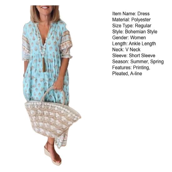 Yousheng Summer Spring Maxi Dress V Neck Bohemian Style Lantern Sleeves A-line Big Swing Pleated High Waist Printing Dress