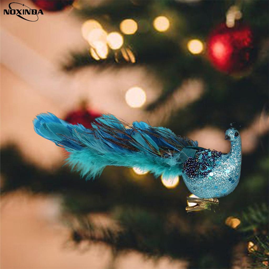 Christmas Tree Feather Peacock Decorations Simulation Three-dimensional Bird Ornaments with Clip